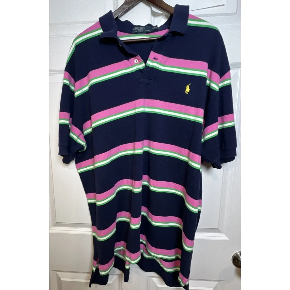 Polo by Ralph Lauren Blue Tag Polo XXL Prep Navy Pink Multi Stripe Y2K Prep VTG